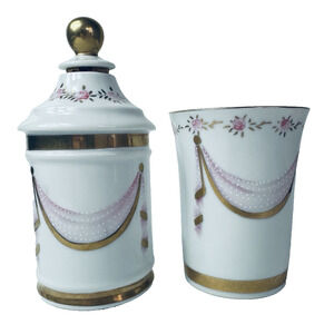 Andrea by Sadek/Sandrea Japan 2 Vanity Jars pink floral garlands/dots 1950s VTG